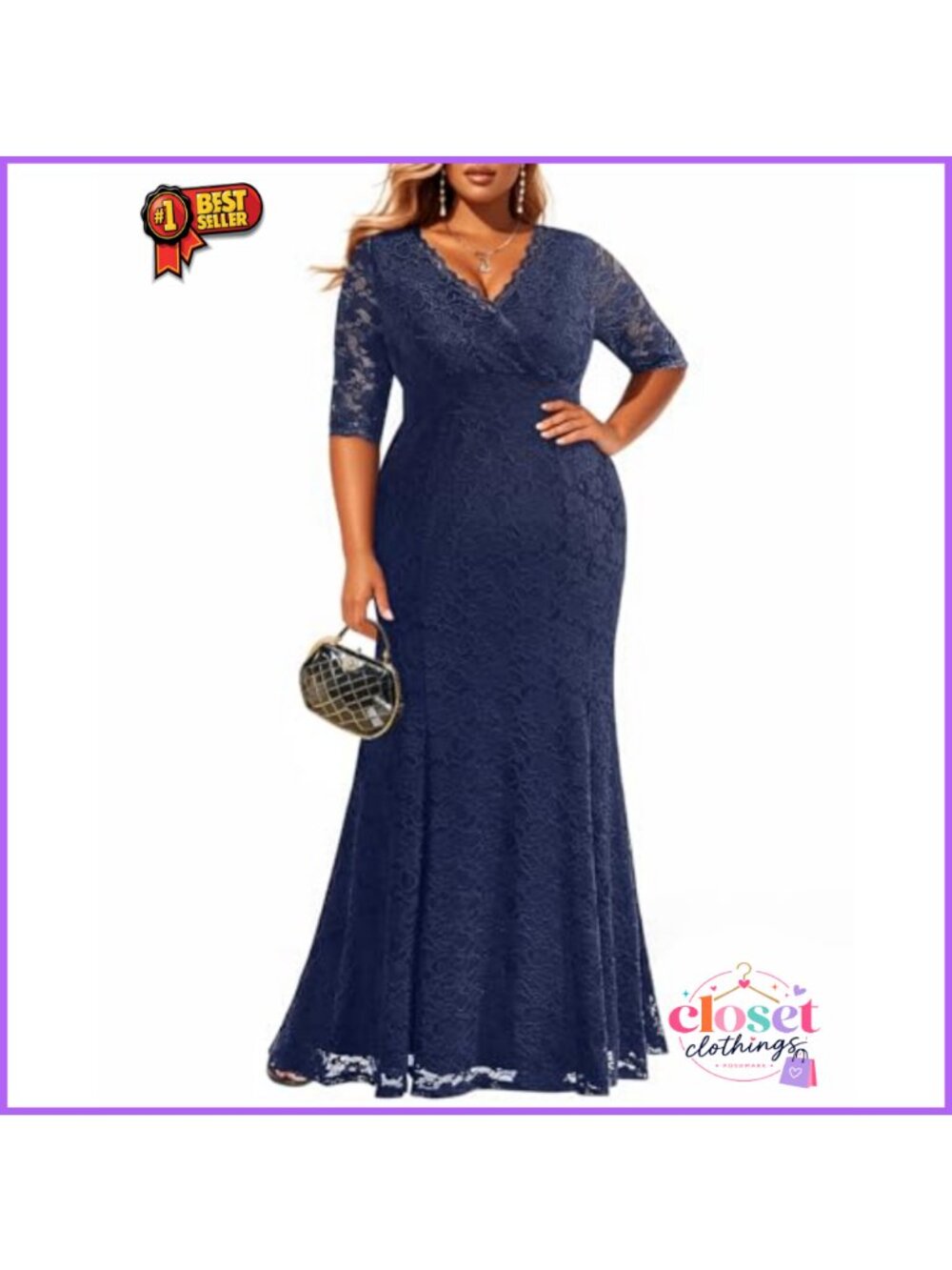 Lace Mermaid Evening Gown Formal Plus Size 3/4 Sleeve